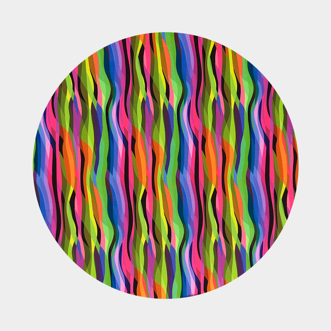 Fabric picture of Liquorice Allsorts.  Pink, green, yellow, blue and orange wavy stripes with a hint of black.